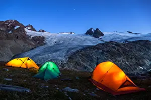 Camp Prints: Illuminated tents camping close to Rutor (Ruitor) glacier, (Rutor