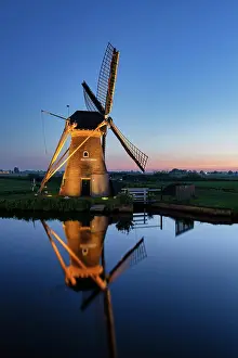 Canal Prints: Illuminated Windmill at Dusk, Sassenheim, Holland, Netherlands