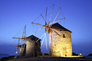 Illuminated Windmills Of Chora, Patmos, Dodecanese, Greek Islands, Greece, Europe