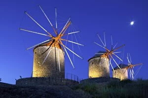 Images Dated 6th June 2015: Illuminated Windmills Of Chora, Patmos, Dodecanese, Greek Islands, Greece, Europe