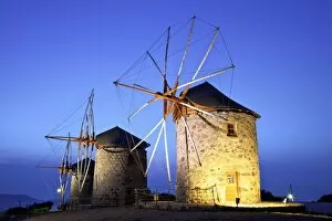 Images Dated 8th June 2015: Illuminated Windmills Of Chora, Patmos, Dodecanese, Greek Islands, Greece, Europe