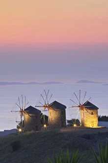 Images Dated 27th July 2015: Illuminated Windmills Of Chora, Patmos, Dodecanese, Greek Islands, Greece, Europe