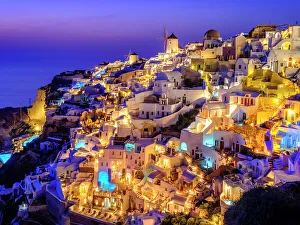 Agean Prints: Illuminated Windmills and classic Greek Architecture, Caldera View, Oia, Santorini, Greece