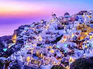 Santorini Prints: Illuminated Windmills and classic Greek Architecture, Caldera View, Oia, Santorini, Greece