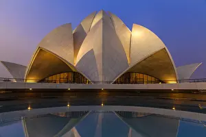 Worship Prints: India, Delhi, New Delhi, Bahai House of Worship know as the The Lotus Temple at twilight