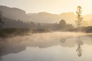 Kerala Prints: India, Kerala, Munnar, Early morning mist on Muthirappuzhayar River