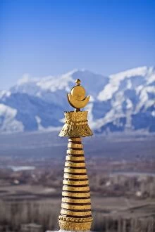 Images Dated 18th February 2011: India, Ladakh, Thiksey. The golden finial of a chorten at Thiksey Monastery