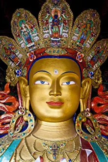 Gelugpa Prints: India, Ladakh, Thiksey. The immense and beautifully gilded Maitreya Buddha in the Chamkhang temple