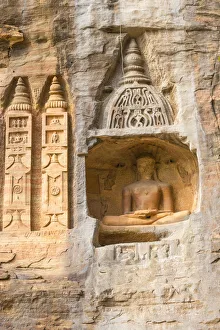 Gwalior Fort Prints: India, Madhya Pradesh, Gwalior, Jain Images cut into the cliff rock of Gwalior Fort