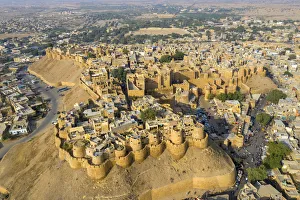 Wall Ramparts Prints: India, Rajasthan, Jaisalmer, Old Town, Aerial view of Old Town and Fortifications