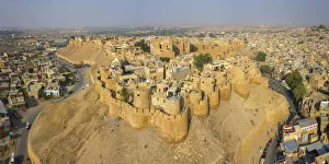 Images Dated 15th March 2019: India, Rajasthan, Jaisalmer, Old Town, Aerial view of Old Town and Fortifications