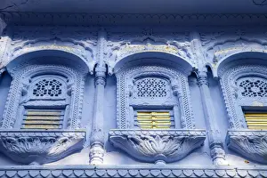 Sacred Town Prints: India, Rajasthan, Pushkar, Ornate windows on blue house