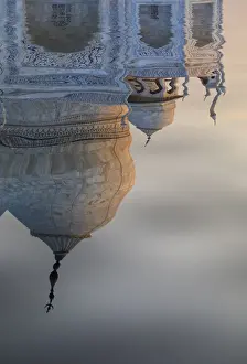 Agra Prints: India, reflection of the Taj Mahal dome in the Yamuna river at sunset