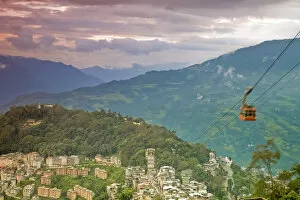 India, Sikkim, Gangtok, View of lower city and Damovar Ropeway