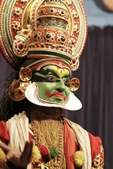 Drama Prints: India, South India, Kerala. Kathakali actor-dancer (paccha) performing a traditional show in Cochin