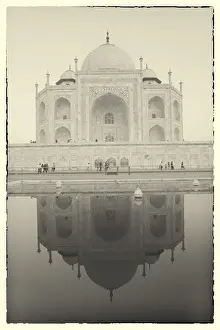 Mughal Prints: India, Uttar Pradesh, Agra, black and white of the Taj Mahal reflected in one of