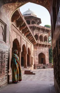 Agra Prints: India, Uttar Pradesh, Agra, a loacl woman dressed in a saree standing in the doorway