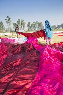 Sari Gallery: India, Uttar Pradesh, Agra, locals drying brilliant red and pink sarees in the sun