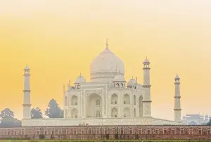 No People Prints: India, Uttar Pradesh, Agra, Taj Mahal in golden dawn light