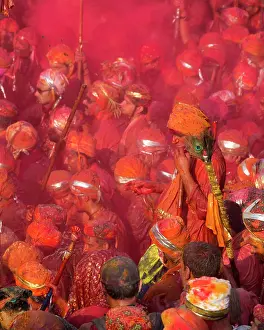 Holi Prints: India, Uttar Pradesh, Mathura, Barsana, Celebrants at the Holi Festival of Colours