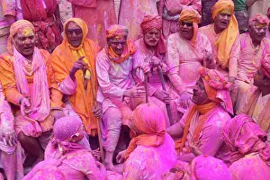 Holi Prints: India, Uttar Pradesh, Mathura, Barsana, Celebrants at the Holi Festival of Colours
