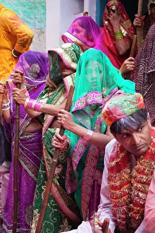 Mathura Prints: India, Uttar Pradesh, Mathura, Barsana, Celebrants at the Lathmar Holi Festival