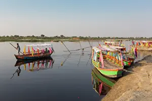 Punting Prints: India, Uttar Pradesh, Vrindavan, Colourful boats on the Yamuna river