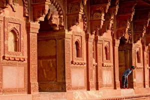 Ochre Prints: Indian Boy in Doorway, Jodha Bais Palace, Fatehpur Sikri, Agra, India