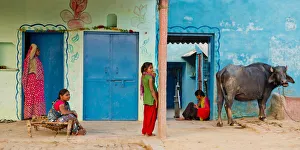 Indian Family & Sacred Cow, near Agra, India