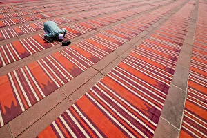 Ochre Prints: Indian Man Praying on Prayer Rugs, Jama Masjid, Old Delhi, India