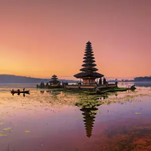 Silhouette Prints: Indonesia, Bali, Bedugul, Pura Ulun Danau Bratan Temple on Lake Bratan