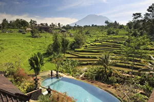 Indonesia, Bali, Sidemen small resort amongst Rice Fields and view of Gunung Agung