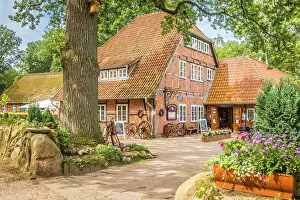 Half Timbering Prints: Inn in traditional half-timbered house in the village of Wilsede