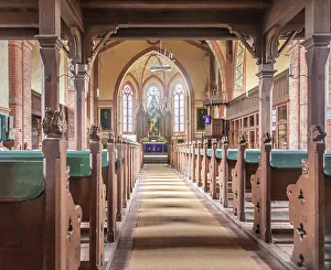 Interior and altar of the Evangelical Church in Wustrow, Mecklenburg-Western Pomerania, Baltic Sea, North Germany, Germany