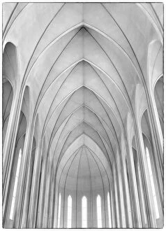B And W Collection: The interior arches of Hallgrimskirkja church, Reykjavik, Iceland