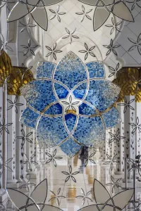 Interior decorated glass inside the Sheikh Zayed Mosque, Abu Dhabi, United Arab Emirates Interior decorated glass inside the Sheikh Zayed Mosque, Abu Dhabi, United Arab Emirates