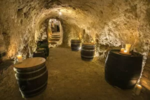 Interior of illuminated old wine cellar in Vrbice, Breclav District