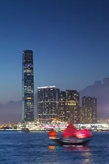 Images Dated 5th September 2015: International Commerce Centre (ICC) and junk boat at dusk, Hong Kong, China