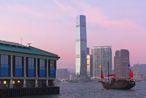 Junk Prints: International Commerce Centre (ICC) and junk boat, Kowloon, Hong Kong