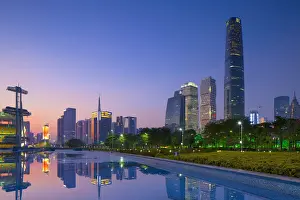 International Finance Centre and skyscrapers in Zhujiang New Town at sunset, Tian He