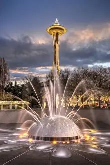West Coast Prints: The International Fountain with Space Needle adorned with Christmas lights in