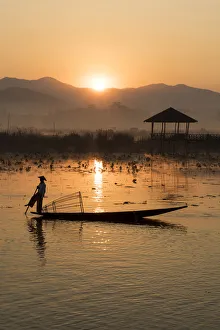 Intha Prints: Intha fisherman rows on Inle Lake, Shan State, Burma, Myanmar