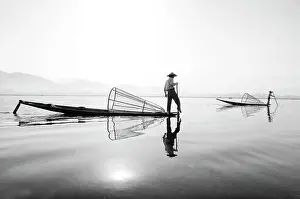 Shan State Prints: Intha leg rowing fishermen at dawn on Inle Lake, Myanmar