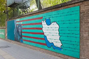 Iran, Tehran, anti-US propaganda mural on the outer walls of the former US embassy