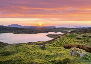 Images Dated 8th April 2021: Ireland, Co. Donegal, Ardara, overview of Lough Greenan towards Muckish mountain at sunset