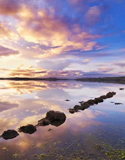 Ireland, Co. Donegal, Mulroy bay, Stepping stones at dusk