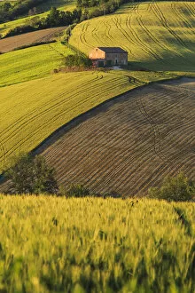 Images Dated 18th May 2021: Isolated house on the hills at sunset, Pesaro Urbino province, Marche, Italy