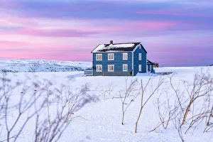 Dramatic Sky Prints: Isolated house in the snow under the pink arctic sunset, Veines, Kongsfjord