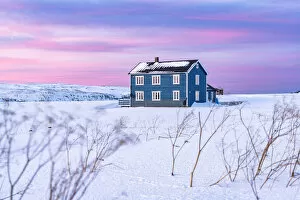 Pink Gallery: Isolated house in the snow under the pink arctic sunset, Veines, Kongsfjord