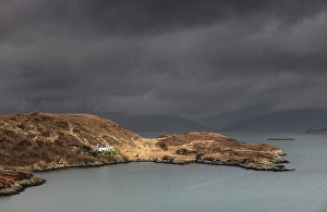 Golden Road Prints: Isolated house in stormy weather, Golden Road, Isle of Harris, Outer Hebrides, Scotland
